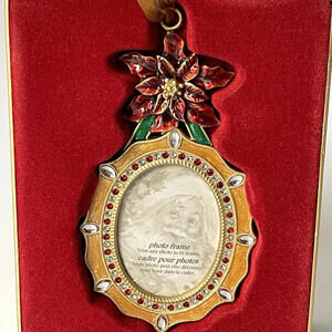 Photo Frame‎ Enamel Metal Rhinestones Poinsettia Christmas Ornament NEW in Box